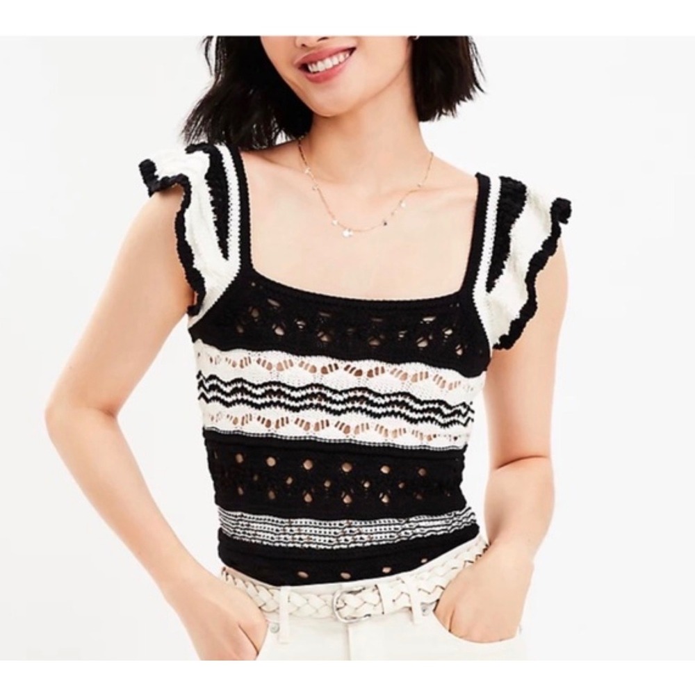 Loft Crochet Knit Ruffle Sleeve Striped Tank Black White Square Neck Size Small